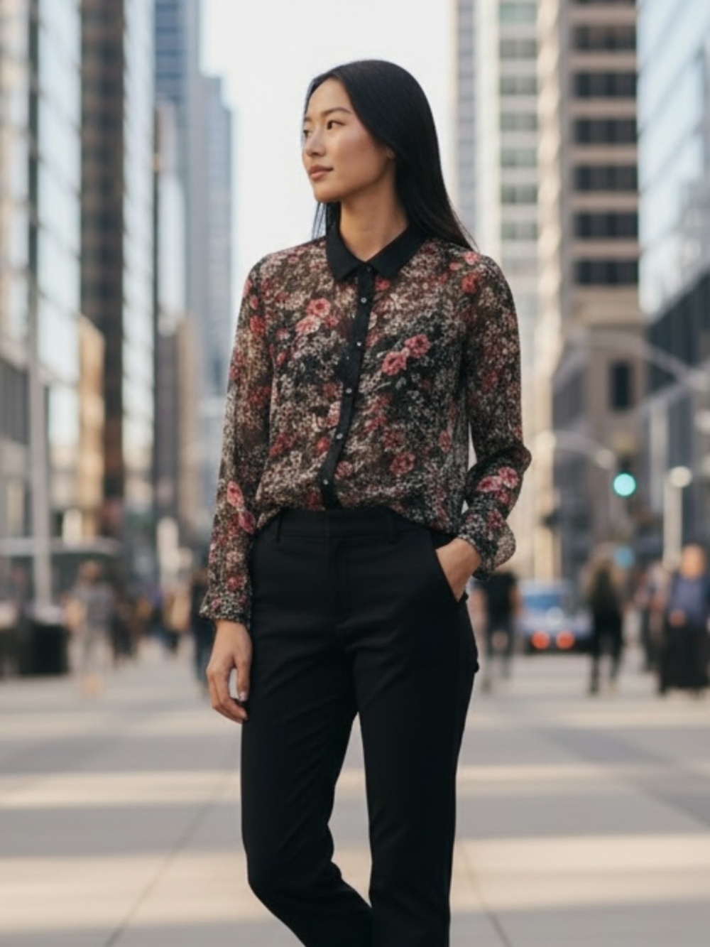 Vintage Long Sleeved Sheer Black Red Floral Patterned Button Down Blouse Med